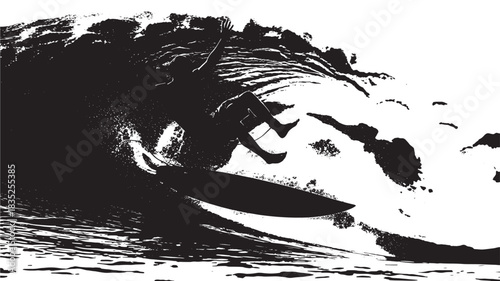 Dynamic surfer riding a powerful wave with artistic flair, capturing the thrill of extreme water sports and conveying an adventurous spirit in a monochromatic design
