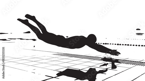 Dynamic silhouette of a swimmer diving into a pool, creating a powerful splash perfect for sports and active lifestyle campaigns, conveying energy and skillful athleticism