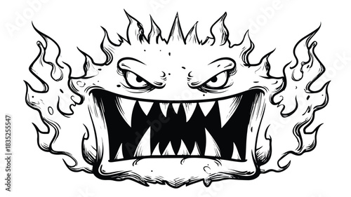 Fiery Monster Cartoon Drawing with Bold Face and Flames