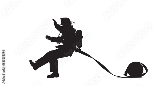 Brave firefighter silhouette descending with hose ready for action, perfect for emergency response campaigns and safety awareness initiatives, showcasing courage and dedication