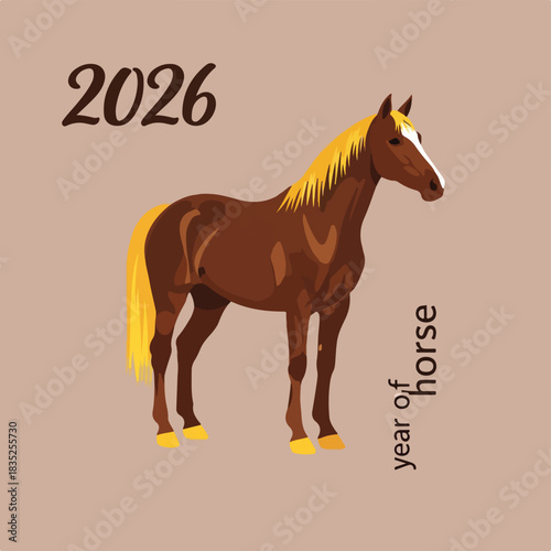 2026 Chinese Zodiac Year of the Horse illustration with a brown horse and golden mane