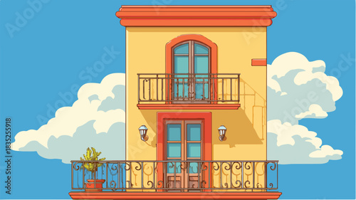 Charming Cartoon House with Balcony on Blue Sky Background