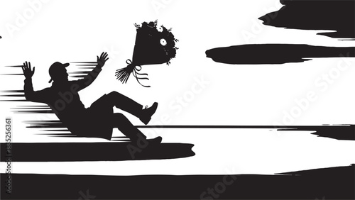 Oh no, romance gone wrong! Silhouette of a man falling and losing his bouquet in a comical blunder, perfect for humorous greeting cards or social media posts about dating disasters
