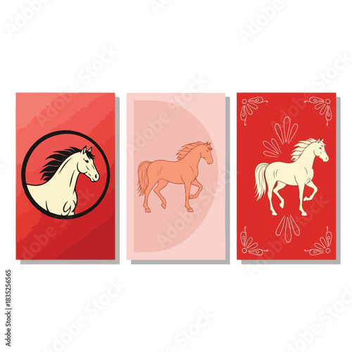 Beautifully Illustrated Horse Designs on Red Backgrounds, Showcasing Grace and Elegance