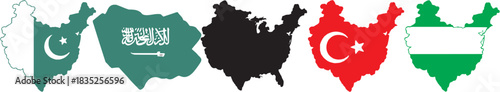 Country map silhouette icon set. Pakistan, Saudi Arabia, Afghanistan, Turkey and Iran shapes. Vector illustration.