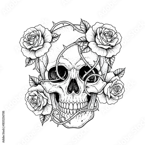 Hand-drawn romantic gothic skull illustration with blooming rose flowers and thorny vines, a powerful symbol of love, life, and mortality