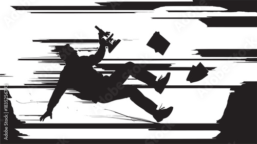 Dynamic silhouette of a man falling dramatically with scattered papers in a chaotic scene, perfect for illustrating suspense, crisis, or business failure with impact