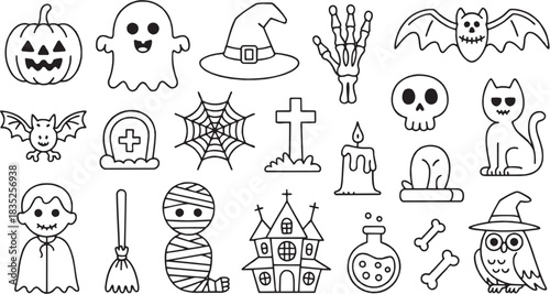 minimal line halloween spooky doodle sketch drawing, cute horror tiny tattoo design, ghost pumpkin witch elements vector illustration