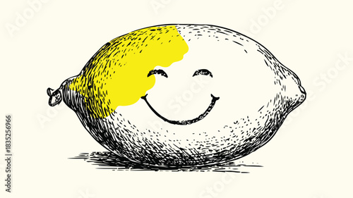 Cheerful Lemon with Smiley Face Drawing Vector Illustration