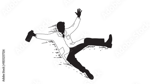 Comical scientist slipping, a humorous take on laboratory accidents in a sleek black and white design, perfect for quirky presentations and lighthearted science education materials