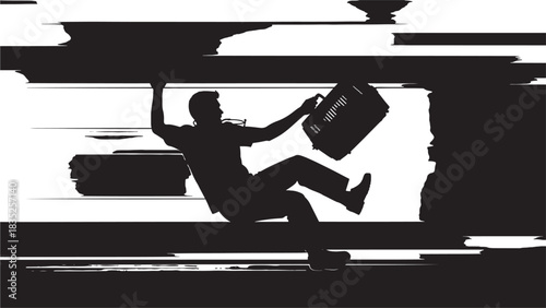 Business professional losing grip and falling with briefcase, career crisis illustration with stark contrast, symbolizing failure and adversity in workplace challenges