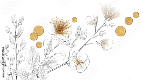 Botanical Illustration of Plant with Vibrant Flowers and Golden Leaves