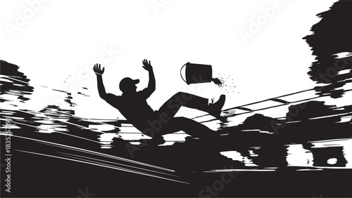 Terrifying silhouette of a worker falling with a bucket in hand, illustrating risk and workplace hazards, perfect for safety campaigns and awareness, capturing the drama and urgency of accidents