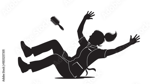 Oh no, clumsy moment at the salon! Hairdresser falling backwards in silhouette with brush flying, perfect for illustrating accident prevention or humorous beauty mishaps