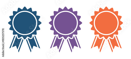 Colorful Vector Award Ribbons Set. Blue, Purple, and Red Prize Rosettes for First Place Winner