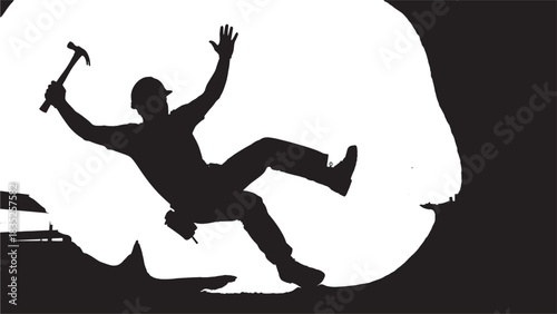 Construction worker silhouette falling with hammer, a cautionary tale about workplace accidents and safety failures, representing risk, danger, and the importance of prevention