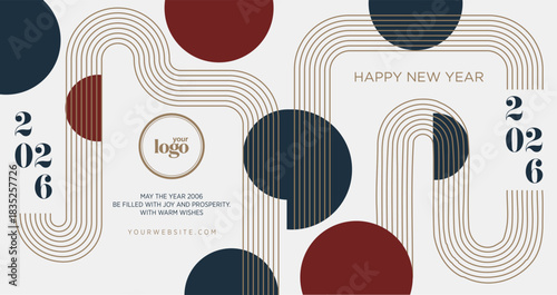 2026 logo and premium wish card. Happy new Year.  Modern abstract geometric design with repeating arch motifs and circles in deep blue burgundy and gold