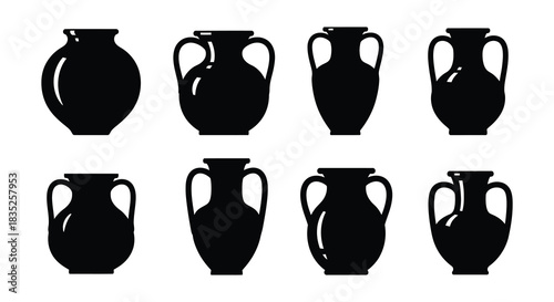 Silhouette collection of ancient greek amphora vases arranged in a grid pattern