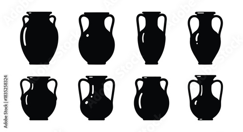 Silhouette collection of ancient greek amphora vases arranged in a grid pattern