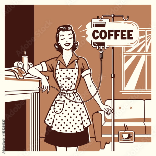Vintage 1950s Style Caffeine Addiction Satire Woman on Life Support