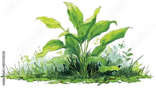 Vibrant Green Plant with Tall Leaves Growing in Lush Grass