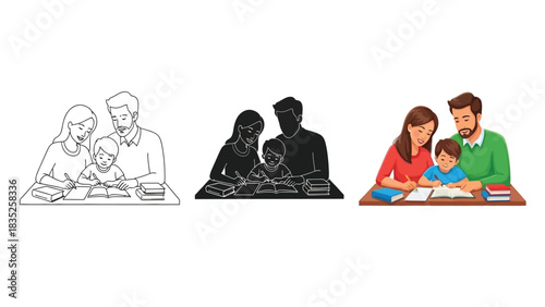 Family studying together at a desk showing three different styles line art, silhouette and full color illustration