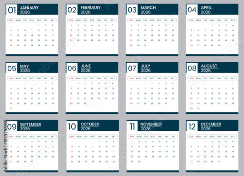 calendar 2026, yearly calendar vector in 2026, calendar template, calendar planner, happy new year 2026