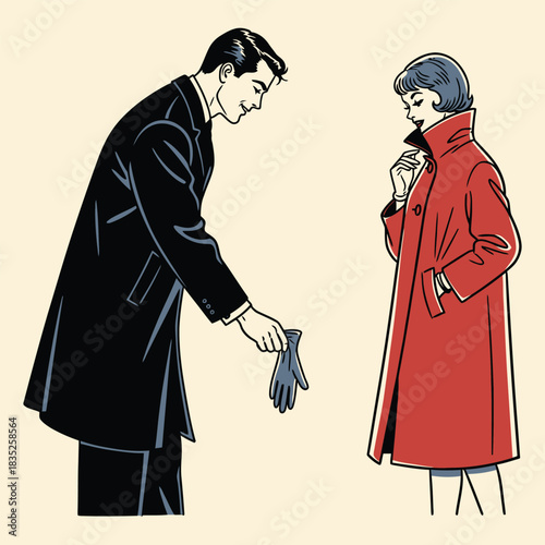 Retro Comic Style Romantic Encounter Gentleman Returning Lady's Glove
