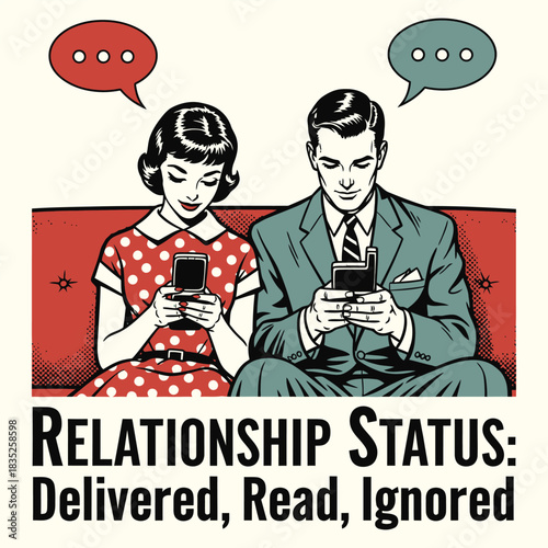 Funny Retro Pop Art Couple on Phones Relationship Status Ignored
