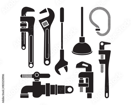 Plumbing Tools, pipe wrench, plunger, adjustable spanner, faucet, water pipe joint, valve wheel black Silhouette vector design illustration icon collection set, plumbing tools silhouette, pipe