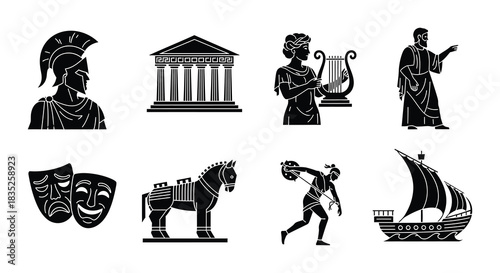 Ancient greece icons helmets temples theatre mythology and historical elements