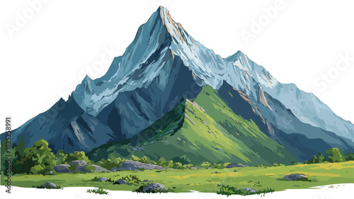 Serene Mountain Painting with Lush Green Background