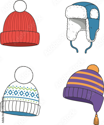 A vector collection featuring four distinct styles of winter hats, including a classic red pom-pom beanie, a blue fur-lined trapper hat, a Nordic-patterned knit cap, and a striped Peruvian ear-flap ha