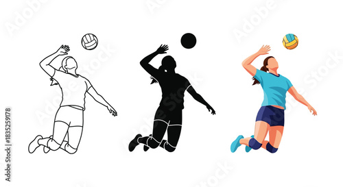 Set of three illustrations showing a female volleyball player spiking a ball in outline, silhouette and full color versions