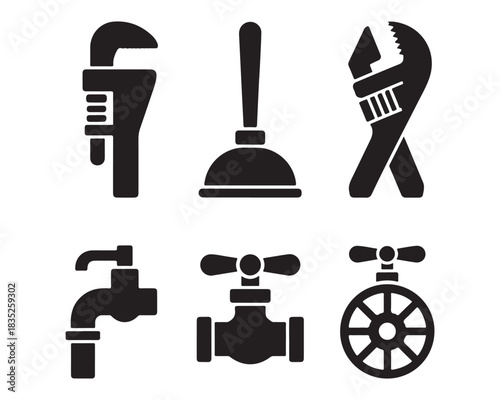 Plumbing Tools, pipe wrench, plunger, adjustable spanner, faucet, water pipe joint, valve wheel black Silhouette vector design illustration icon collection set, plumbing tools silhouette, pipe