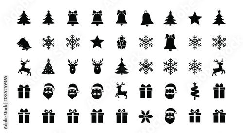 Collection of black christmas holiday icon set