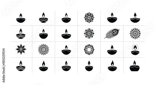 Collection of black and white diya lamp and mandala icon set