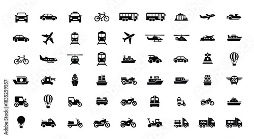 Collection of various transportation and vehicle icons in black silhouette