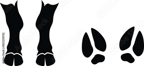 Black silhouette of deer legs and hoof prints on white background