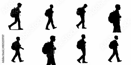 Eight Vector Silhouettes of Young Men Walking with Backpacks.