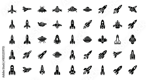 Collection of various black spaceship and rocket icons