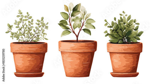 Stylish Clay Pots Arrangement with Lush Plant in Center Vector Illustration