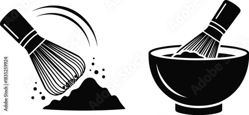 Matcha preparation whisking powder and mixing in bowl black and white illustration