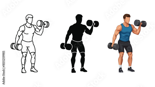 Set of three male fitness illustrations showing dumbbell bicep curl exercise variations