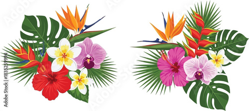 Tropical flower bouquets with hibiscus orchids and bird of paradise flowers