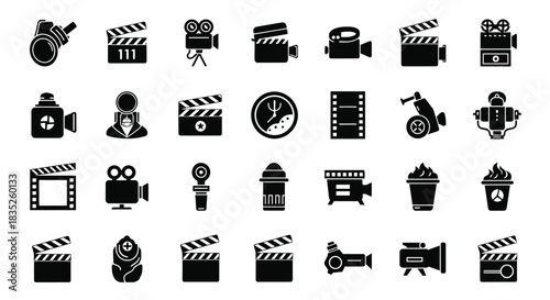 Collection of black and white cinema and movie making icon set