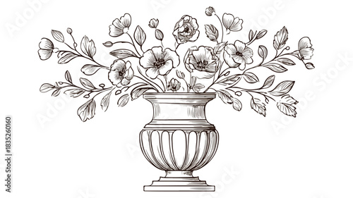 Elegant Antique Vase with Floral and Leaf Design Vector Illustration