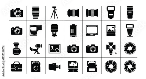 Collection of black and white photography and video equipment icon set