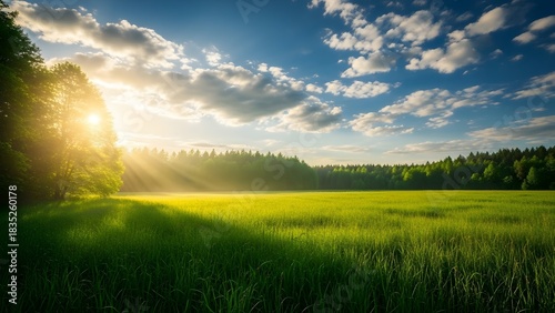 Fototapeta Naklejka Na Ścianę i Meble -  Golden sunbeams illuminate a lush green meadow and forest serene natural landscape with dramatic clo