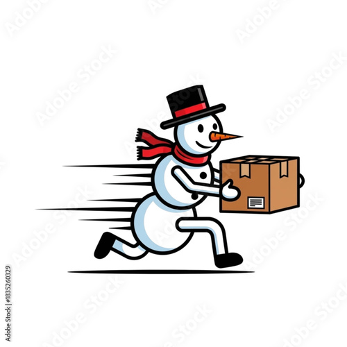 Whimsical snowman rushes to deliver holiday packages with a friendly smile, capturing the joyful spirit of winter giving and speedy seasonal service this year